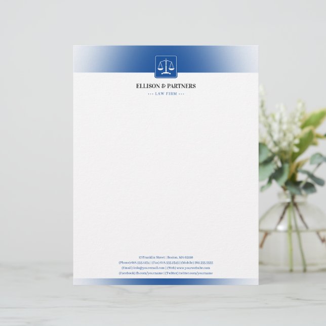 LAW OFFICE | Classic Scales Of Justice Deep Blue Custom Letterhead (Standing Front)