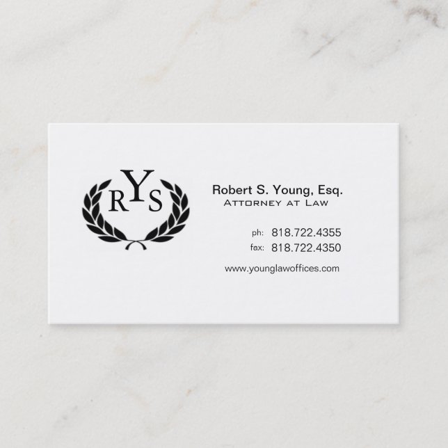 Law Offices Attorney Lawyer Laurel Wreath Monogram Business Card (Front)
