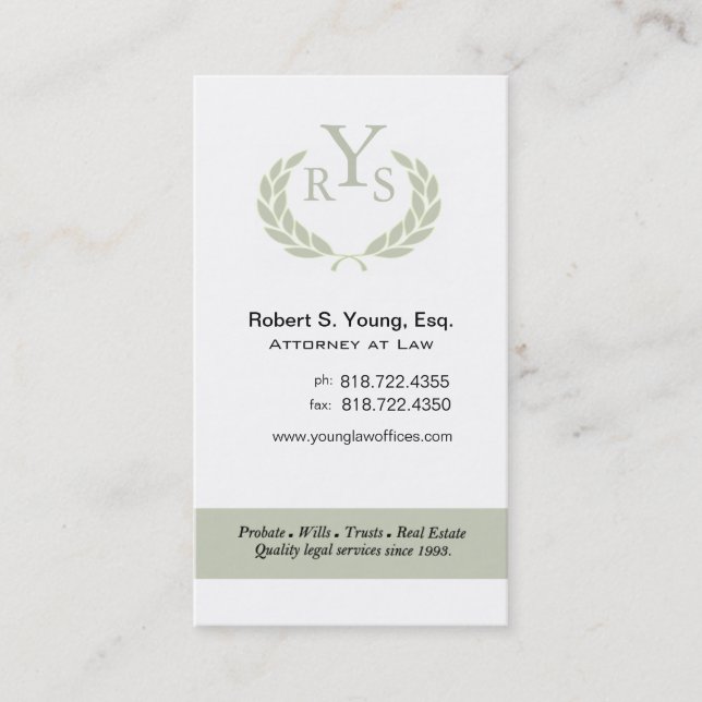 Law Offices Attorney Lawyer Laurel Wreath Monogram Business Card (Front)