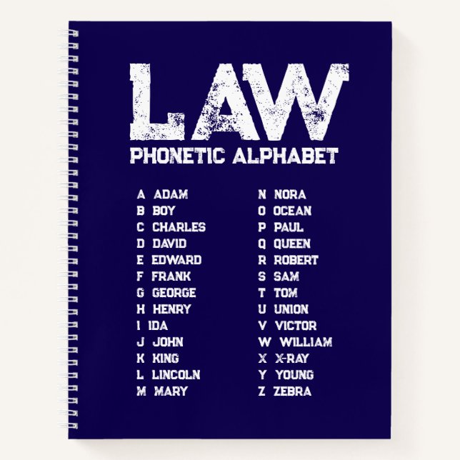 LAW Phonetic Alphabet – Navy Blue Spiral Notebook (Front)