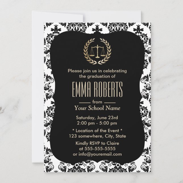 Law School Classic Damask Graduation Party Invitation (Front)