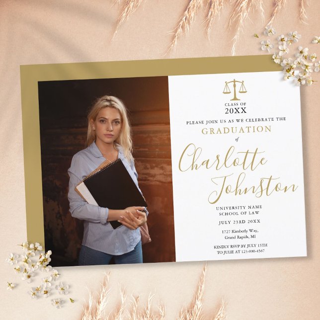 Law School Gold Script Graduation Party Photo Invitation (Creator Uploaded)