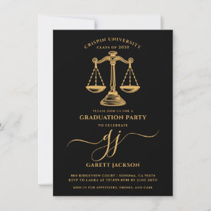 Law School Gold Script Photo Black Graduation Invitation