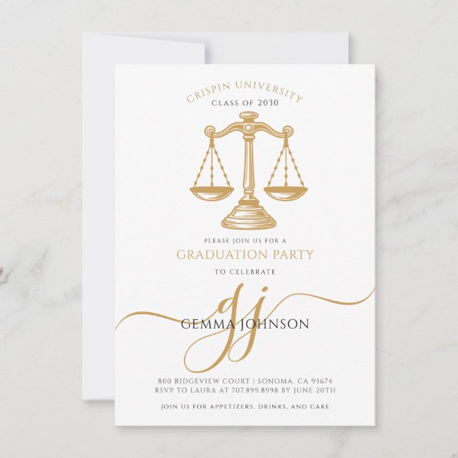 Law School Gold Script Photo Graduation Party Invitation (Front)