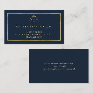 Law School Grad Student Lawyer Gold Navy Elegant Business Card