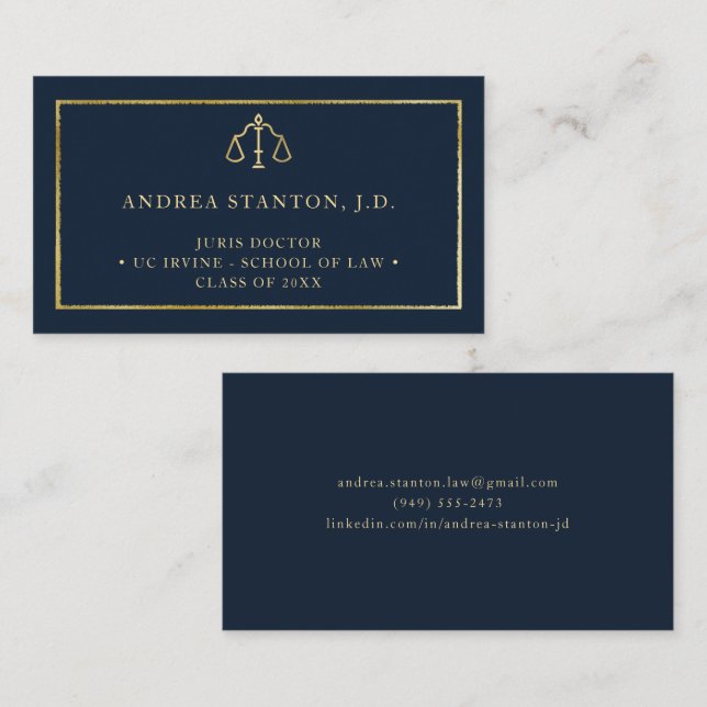 Law School Grad Student Lawyer Gold Navy Elegant Business Card (Front/Back)