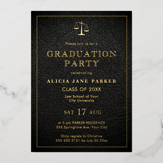 Law school graduation black gold elegant photo (Front)