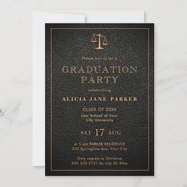 Law school graduation black gold photo elegant invitation (Front)