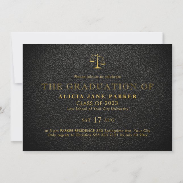 Law school graduation elegant black gold photo invitation (Front)