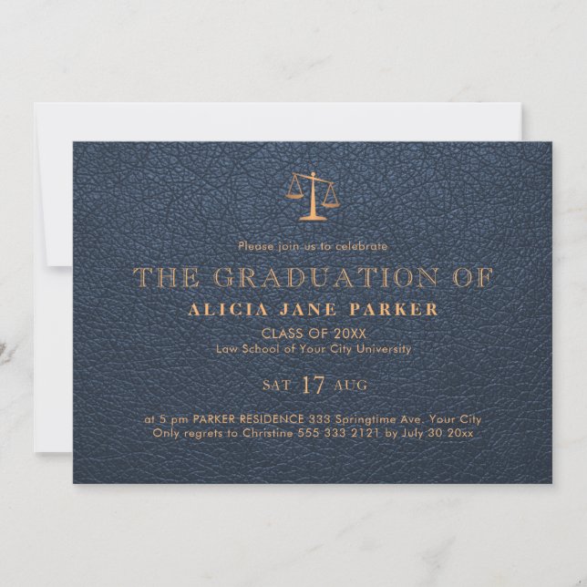 Law school graduation elegant navy gold photo invitation (Front)