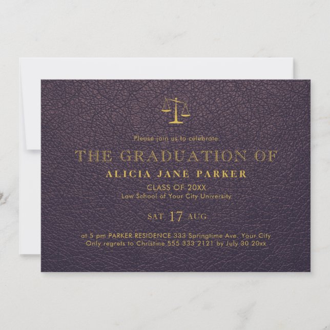 Law school graduation elegant purple gold photo invitation (Front)