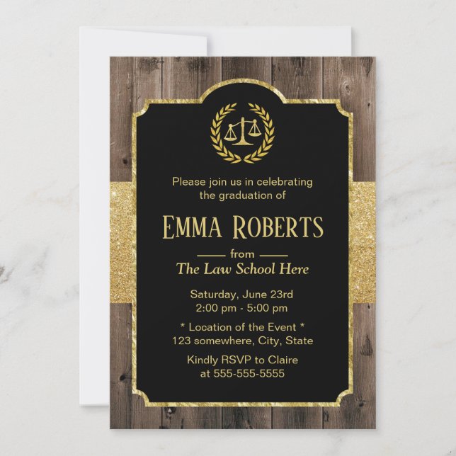 Law School Graduation Elegant Wood Gold Lawyer Invitation (Front)