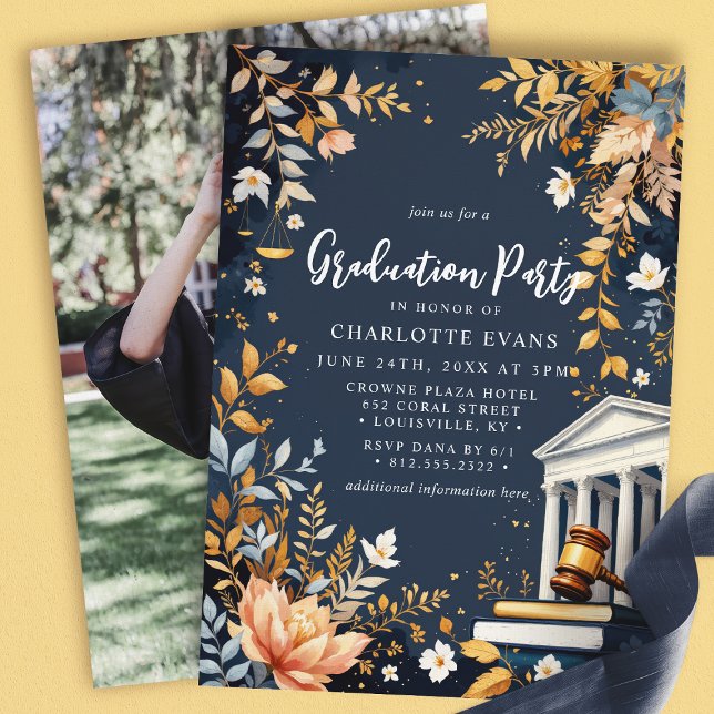 Law School Graduation Gavel Floral Photo Invitation (Creator Uploaded)