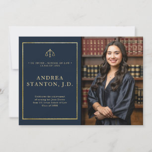 Law School Graduation Gold Frame Photo Modern Navy Announcement