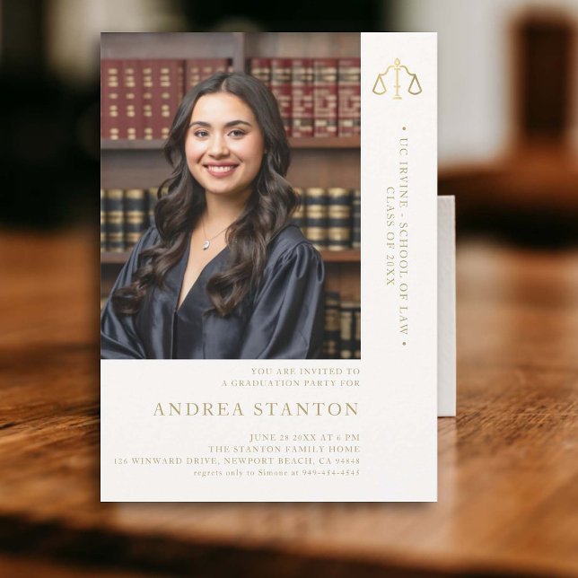 Law School Graduation Gold Scales of Justice Photo Invitation (law school graduation party invitation photo gold scales of justice elegant modern classic)