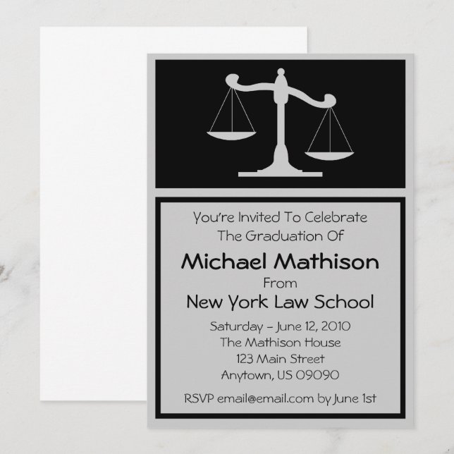 Law School Graduation Invite Black Justice Scales (Front/Back)
