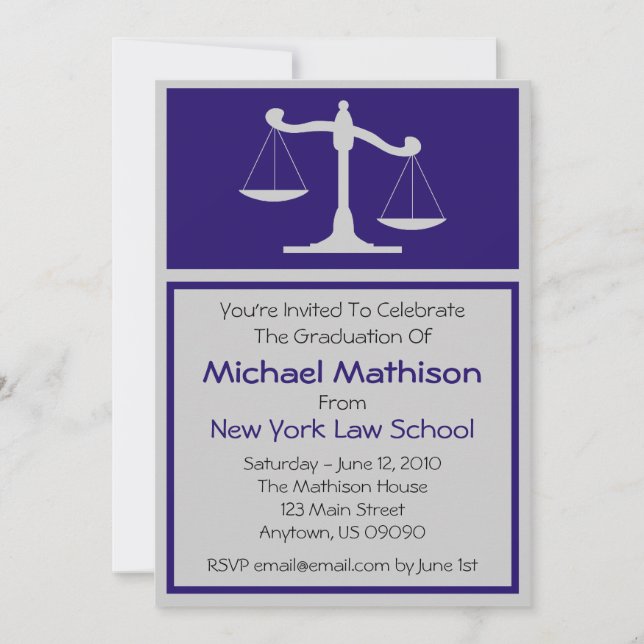 Law School Graduation Invite (Blue Justice Scales) (Front)