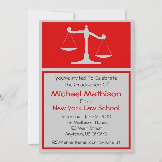 Law School Graduation Invite (Red Justice Scales) (Front)