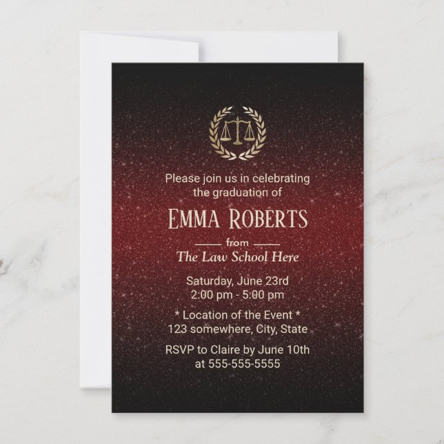 Law School Graduation Modern Burgundy Red Lawyer Invitation (Front)