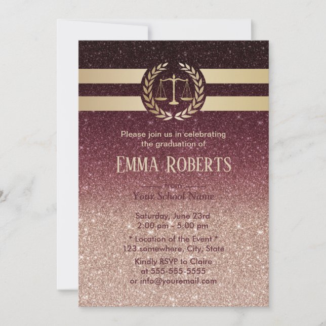 Law School Graduation Modern Burgundy & Rose Gold Invitation (Front)