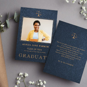 Law school graduation navy gold photo announcement