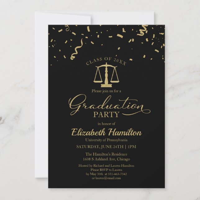 Law School Graduation Party Gold Confetti Black Invitation (Front)