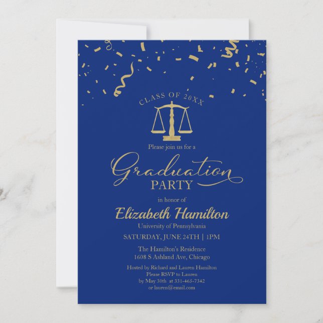 Law School Graduation Party Gold Confetti Blue Invitation (Front)