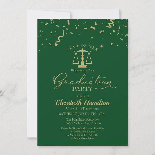 Law School Graduation Party Gold Confetti Green Invitation (Front)