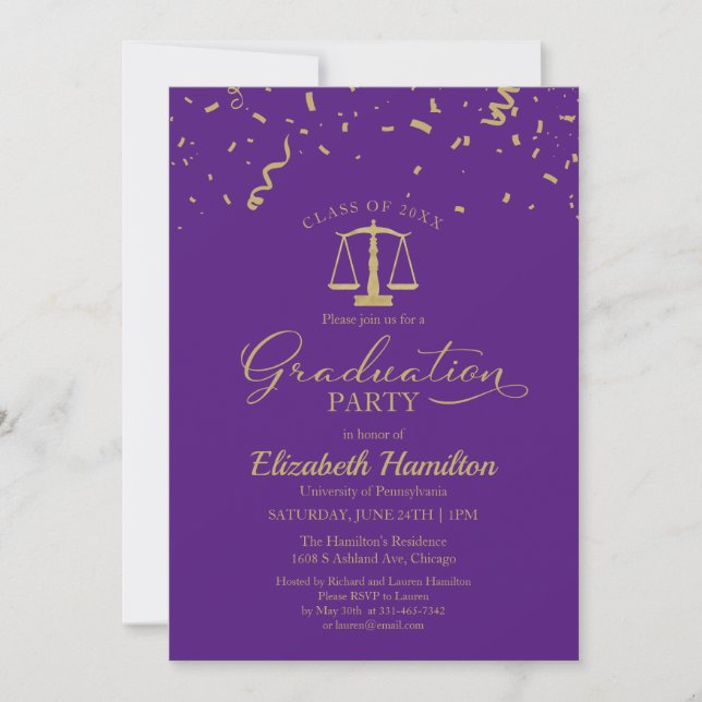Law School Graduation Party Gold Confetti Purple Invitation (Front)
