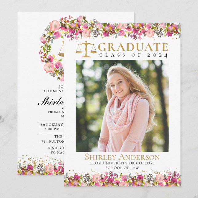 Law School Graduation Party Grad Photo Pink Floral Invitation (Front/Back)