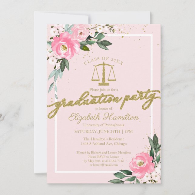 Law School Graduation Party Hot Pink Floral Invitation (Front)