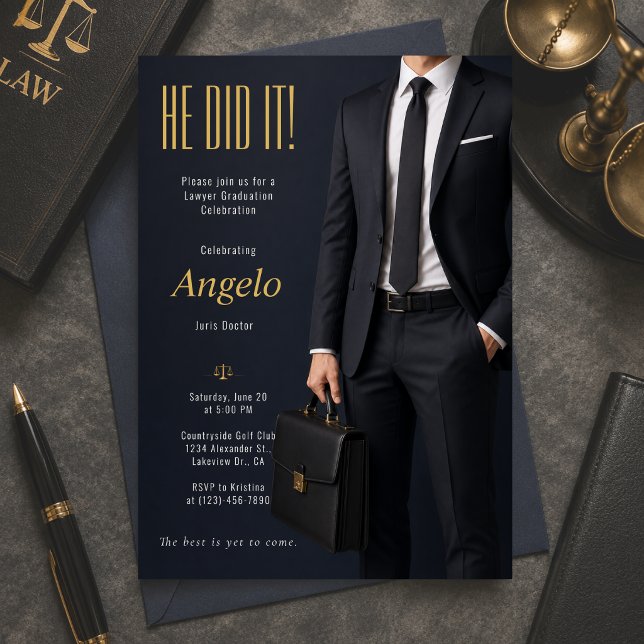 Law School Graduation Party Invite (Elegant lawyer graduation invitation with luxury navy and gold modern professional style)