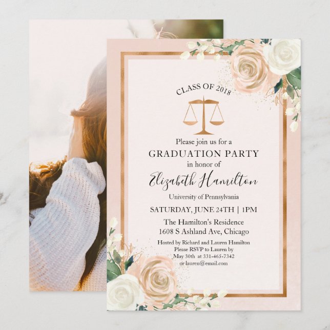 Law School Graduation Party Photo Blush Floral Invitation (Front/Back)