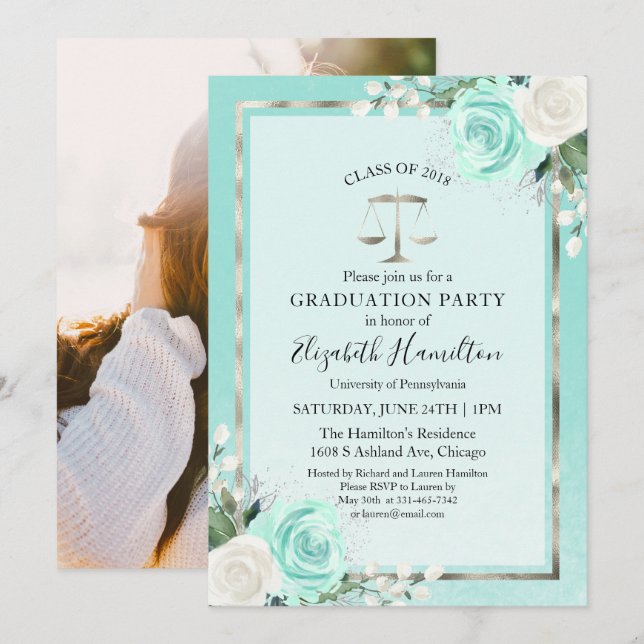 Law School Graduation Party Photo Teal Floral Invitation (Front/Back)