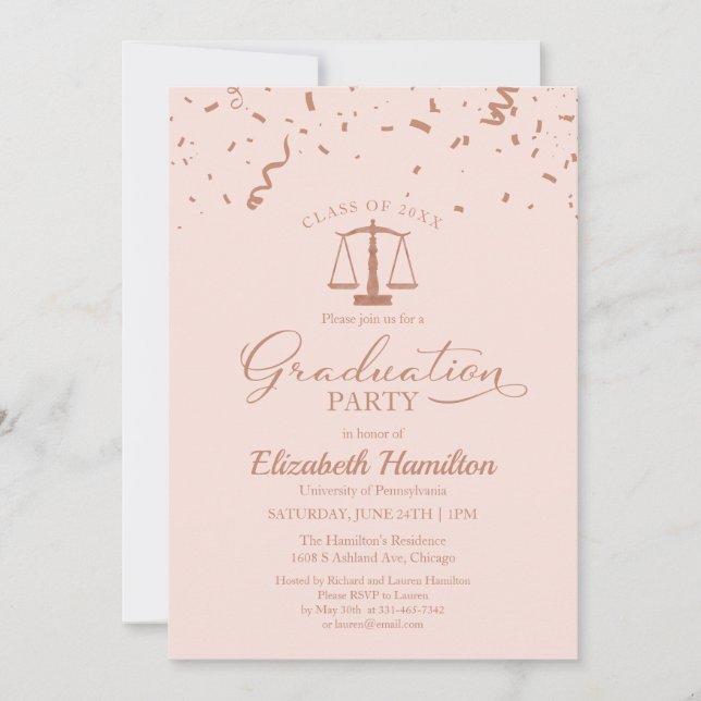 Law School Graduation Party Rose Gold Confetti Invitation (Front)