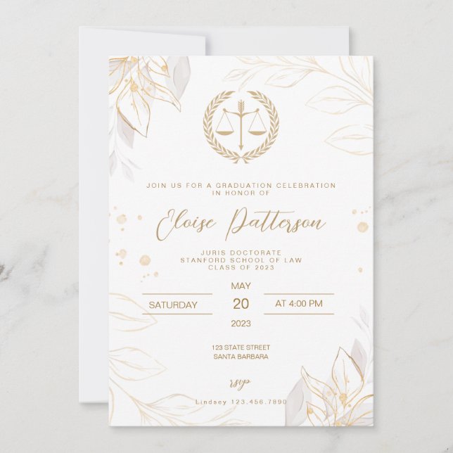 Law School Graduation Party- Simple Gold and White Invitation (Front)