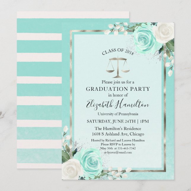 Law School Graduation Party Teal Floral Invitation (Front/Back)