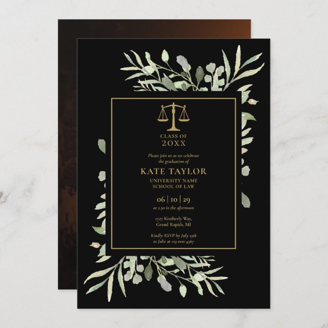 Law School Graduation Photo Black And Gold Foliage Invitation (Front/Back)