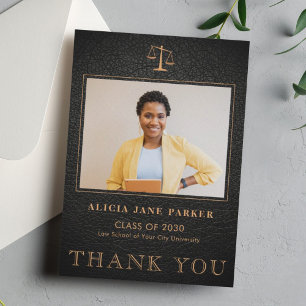 Law school graduation photo elegant black gold thank you card