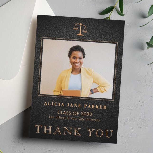 Law school graduation photo elegant black gold thank you card (Creator Uploaded)