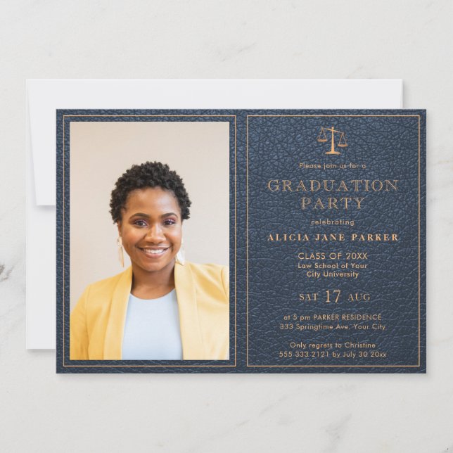 Law school graduation photo elegant navy gold invitation (Front)