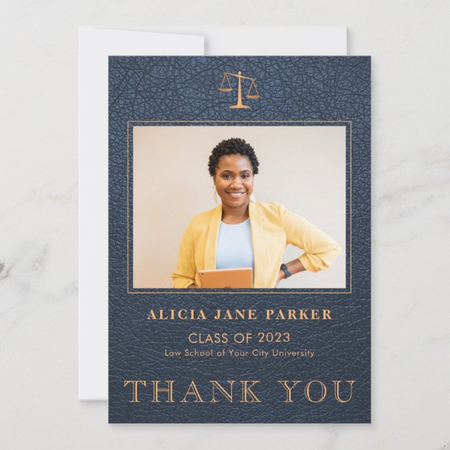 Law school graduation photo elegant navy gold thank you card (Front)