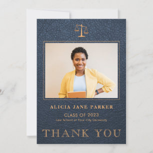 Law school graduation photo elegant navy gold thank you card