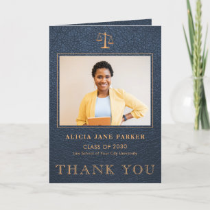 Law school graduation photo elegant navy gold thank you card