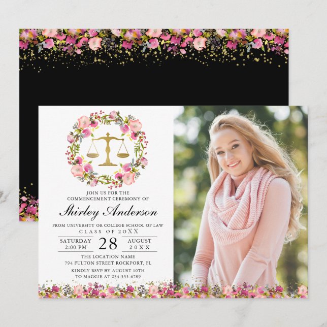 Law School Graduation Pink Gold Floral Grad Photo Invitation (Front/Back)