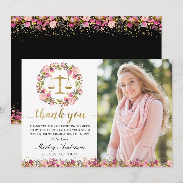 Law School Graduation Pink Gold Floral Grad Photo Thank You Card (Front/Back)