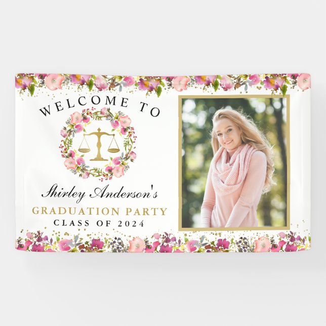 Law School Graduation Pink Gold Floral Photo Banner (Horizontal)