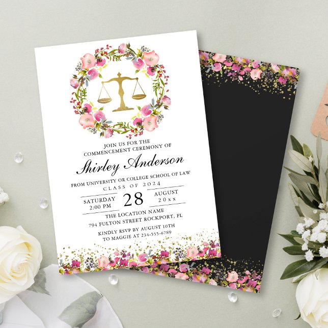 Law School Graduation Pink Gold Watercolor Wreath Invitation (Creator Uploaded)