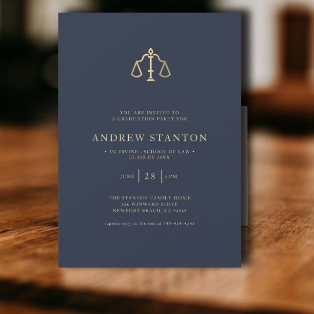 Law School Graduation Scales Justice Modern Navy Invitation (law school graduation party invitation gold scales of justice navy elegant modern classic)