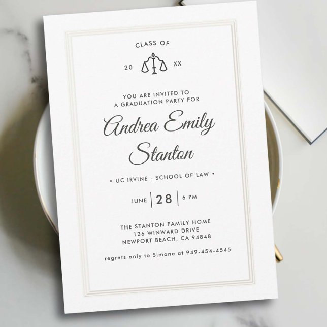 Law School Graduation Scales of Justice Elegant Invitation (law school graduation party invitation scales of justice black white embossed frame elegant template)